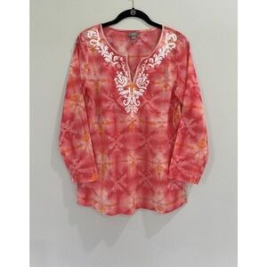 J. Jill Tie Dye Beaded Embroidered Long Sleeve Tunic‎ Blouse Pink Size X Small